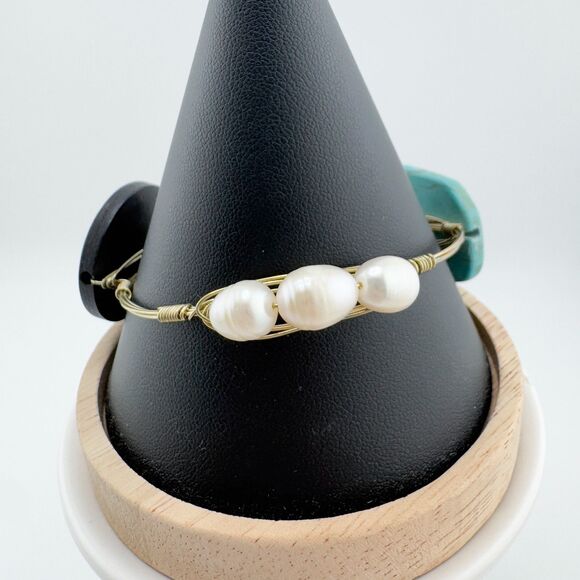 Bohemian Wire Wrapped Bracelet Turquoise Color Stone Wood Faux Pearl Bangle - Picture 8 of 9